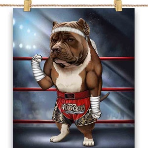 Tan Pit bull Dog as a Muay Thai Kickboxing Fighter - Poster Print, Wall Art, Home Decor, and Postcard - PrintStarTee