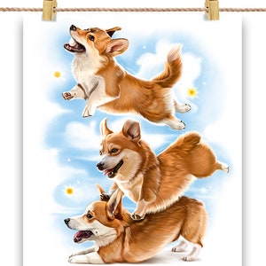 Trio de chiens corgi jouant et attrapant une balle dans les nuages - impression d'affiche, art mural, décoration d'intérieur et carte postale - PrintStarTee