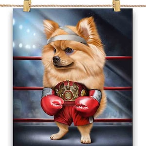 Champion de boxe Orange Pomeranian Dog Fighter - Impression d’affiche, art mural, décoration intérieure et carte postale - PrintStarTee