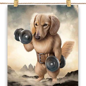 Crème Dachshund Dog Muscle Training Haltérophilie avec haltère - Impression d’affiche, Art mural, Décoration intérieure et Carte postale - PrintStarTee