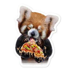Panda rojo hambriento devorando pizza - Pegatinas sin burbujas, pegatina para computadora portátil, pegatina para teléfono, etiqueta o pegatina, ENVÍO GRATIS