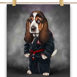 Basset Hound Dog Artista Marcial em Judogi Preto: Judô e Karatê - Impressão de pôster, arte de parede, decoração de casa e cartão postal - PrintStarTee