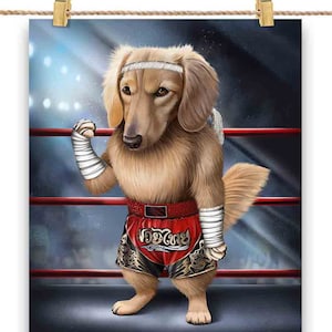 Chien teckel crème en combattant de kickboxing Muay Thai - impression d'affiche, art mural, décoration d'intérieur et carte postale - PrintStarTee