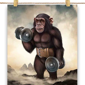 Chimpanzé Muscle Training Haltérophilie avec haltère - Impression d’affiche, Art mural, Décoration intérieure et Carte postale - PrintStarTee
