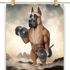 Fawn Great Dane Dog Muscle Training Haltérophilie avec haltère - Impression d’affiche, Art mural, Décoration intérieure et Carte postale - PrintStarTee