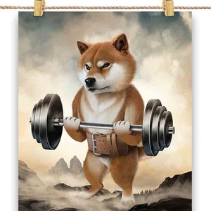 Haltérophilie pour chien shiba dans une salle de sport - impression d'affiche, art mural, décoration d'intérieur et carte postale - PrintStarTee