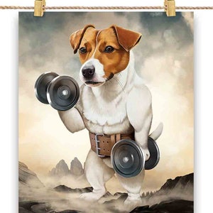 Jack Russell Terrier entraînement musculaire haltérophilie avec haltères - impression d'affiche, art mural, décoration d'intérieur et carte postale - PrintStarTee