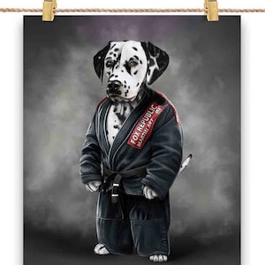 Artista marcial de cão dálmata em judogi preto: judô e caratê - impressão de pôster, arte de parede, decoração de casa e cartão postal - PrintStarTee