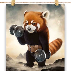 Levantamento de peso de treinamento muscular de panda vermelho com halteres - impressão de pôster, arte de parede, decoração de casa e cartão postal - PrintStarTee
