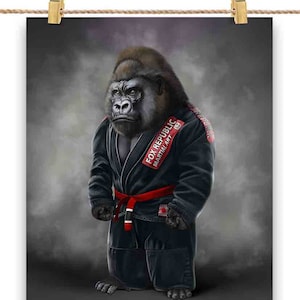 Champion d’art martial gorille en judogi noir - Impression d’affiche, art mural, décoration intérieure et carte postale - PrintStarTee