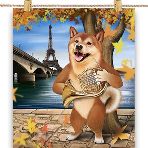 Cachorro Shiba tocando trompa francesa na Torre Eiffel Paris - Impressão de pôster, arte de parede, decoração de casa e cartão postal - PrintStarTee