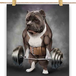 Blue Pit Bull Dog Muscle Training avec Barbell Shrug Bar Fitness Gym - Impression d’affiche, Art mural, Décoration intérieure et Carte postale - PrintStarTee