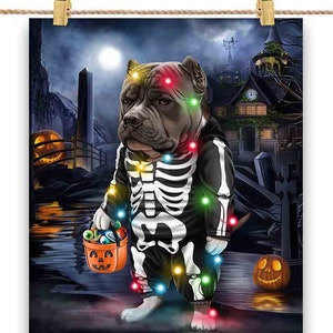 Chien pitbull bleu en costume de squelette : déguisement de fête d'Halloween - impression d'affiche, art mural, décoration intérieure et carte postale - PrintStarTee