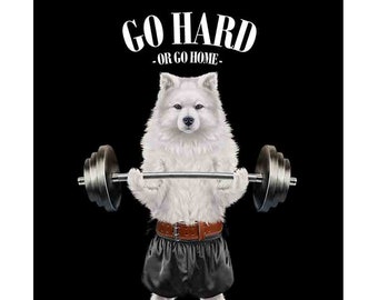 Samoyed Dog Weightlifting and Fitness in Gym - Poster Print, Wall Art, Home Decor, and Postcard - PrintStarTee