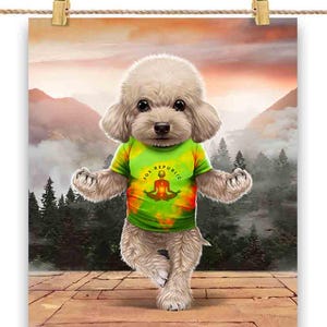Caniche crème chien pratiquant le yoga en plein air - impression d'affiche, art mural, décoration d'intérieur et carte postale - PrintStarTee