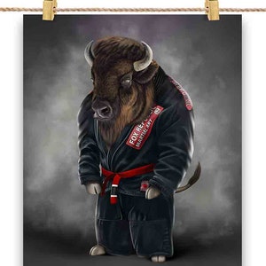 Bison Buffalo Bull Artiste martial en judogi noir : Judo et karaté - Impression d'affiche, art mural, décoration intérieure et carte postale - PrintStarTee