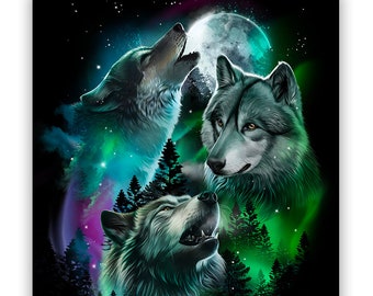 オオカミカーテン野生動物灰色オオカミの森満月銀河星クールデザインカーテンリビング用断熱ルーム暗幕W 63×L63