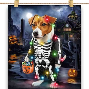 Chien Jack Russell Terrier en costume squelette : déguisement de fête d'Halloween - impression d'affiche, art mural, décoration d'intérieur et carte postale - PrintStarTee