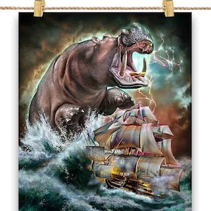 Un hippopotame monstre tend une embuscade à un navire de la Royal Navy dans l'océan - impression d'affiche, art mural, décoration d'intérieur et carte postale - PrintStarTee