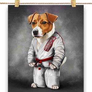 Artista marcial de cachorro Jack Russell Terrier em judogi branco: judô e caratê - impressão de pôster, arte de parede, decoração de casa e cartão postal - PrintStarTee