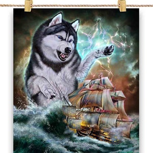 Un chien Husky sibérien monstre tend une embuscade à un navire de la Royal Navy - Impression d’affiche, art mural, décoration intérieure et carte postale - PrintStarTee