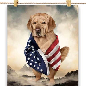 Emballage pour chien Golden Retriever Titan dans le drapeau des États-Unis se tenir debout parmi la montagne - affiche, art mural, décoration d'intérieur et carte postale