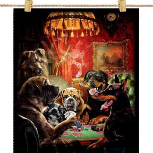 Psy szansy: Doberman, Rottweiler, Bulldog i Sheltie w turnieju pokerowym - plakat, sztuka ścienna, wystrój domu i pocztówka
