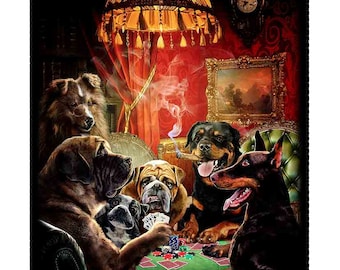 Dogs of Chance: Doberman, Rottweiler, Bulldog, and Sheltie in Poker Tournament - Poster Print, Wall Art, Home Decor, and Postcard
