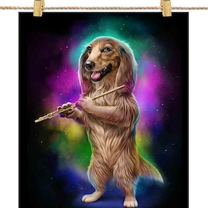 Cachorro Dachshund toca flauta no espaço Galaxy Rainbow: escolha seu fundo favorito - impressão de pôster, arte de parede, decoração de casa e cartão postal