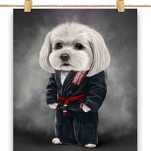 Artiste martial de chien maltais en judogi noir : Judo et karaté - Impression d'affiche, art mural, décoration intérieure et carte postale - PrintStarTee
