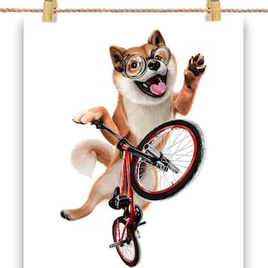 Chien Shiba à vélo exécute le tour de saut - impression d'affiche, art mural, décoration d'intérieur et carte postale - PrintStarTee