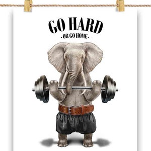 Éléphant d'haltérophilie dans une salle de sport fitness inspirante - impression d'affiche, art mural, décoration d'intérieur et carte postale - PrintStarTee