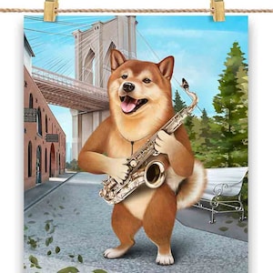 Shiba Dog tocando saxofone na ponte do Brooklyn em Nova York - impressão de pôster, arte de parede, decoração de casa e cartão postal - PrintStarTee