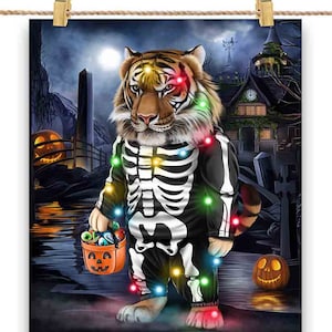 Tigre en costume squelette : déguisement de fête d'Halloween - impression d'affiche, art mural, décoration d'intérieur et carte postale - PrintStarTee