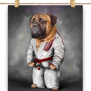 Artista marcial Bullmastiff Dog em Judogi Branco: Judô e Karatê - Impressão de pôster, arte de parede, decoração de casa e cartão postal - PrintStarTee