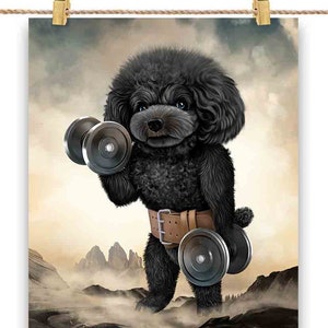 Musculation de chien caniche noir musculation avec haltères - impression d'affiche, art mural, décoration d'intérieur et carte postale - PrintStarTee