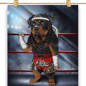 Chien Rottweiler en champion de boxe Muay Thai Boxer Fighter MMA - impression d'affiche, art mural, décoration d'intérieur et carte postale - PrintStarTee