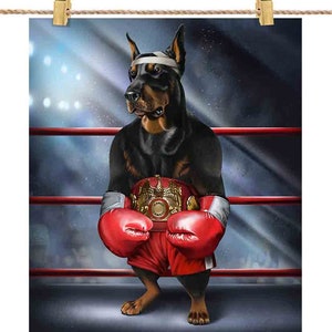 Doberman Pinscher Dog en tant que champion de boxe Boxer Fighter MMA - Impression d’affiche, art mural, décoration intérieure et carte postale - PrintStarTee