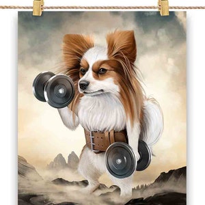 Papillon Dog Muscle Training Haltérophilie avec haltère - Impression d’affiche, Art mural, Décoration intérieure et Carte postale - PrintStarTee