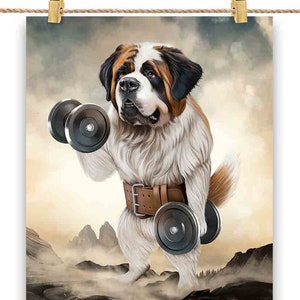 Chien Saint-Bernard entraînement musculaire haltérophilie avec haltères - impression d'affiche, art mural, décoration d'intérieur et carte postale - PrintStarTee