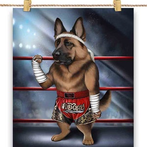 Chien de berger allemand en tant que champion de boxe Muay Thai Boxer Fighter MMA - Impression d'affiche, art mural, décoration intérieure et carte postale - PrintStarTee