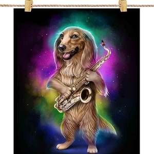 Cachorro Dachshund toca saxofone no espaço Galaxy Rainbow: escolha seu fundo favorito - impressão de pôster, arte de parede, decoração de casa e cartão postal