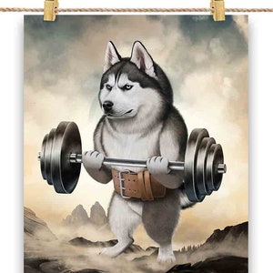 Exercice d'haltérophilie pour chien Husky sibérien monstre - impression d'affiche, art mural, décoration d'intérieur et carte postale - PrintStarTee