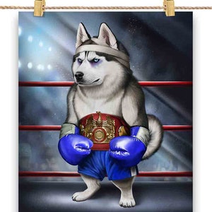 Chien husky sibérien en champion de boxe boxeur combattant MMA - impression d'affiche, art mural, décoration d'intérieur et carte postale - PrintStarTee