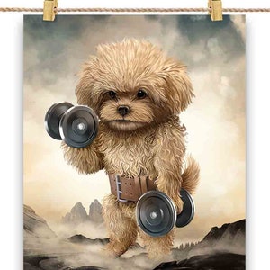 Entraînement musculaire pour chien caniche jouet avec haltère dans la salle de fitness - Impression d'affiche, art mural, décoration intérieure et carte postale - PrintStarTee
