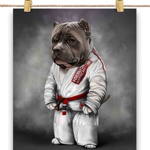 Artiste martial bleu pit-bull dog en judogi blanc : judo et karaté - impression d'affiche, art mural, décoration d'intérieur et carte postale - PrintStarTee