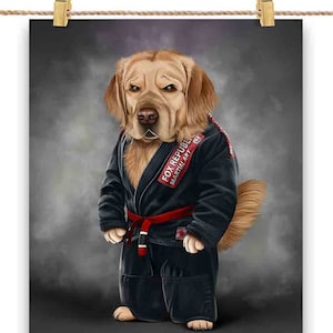 Artiste martial de chien Golden Retriever en judogi noir : Judo et karaté - Impression d'affiche, art mural, décoration intérieure et carte postale - PrintStarTee