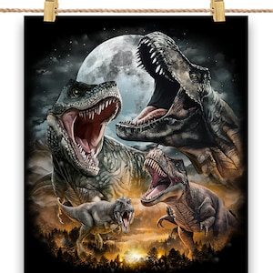 Dinossauro Tiranossauro Rex na Lua Cheia da Era Pré-histórica - Impressão de pôster, arte de parede, decoração de casa e cartão postal - PrintStarTee