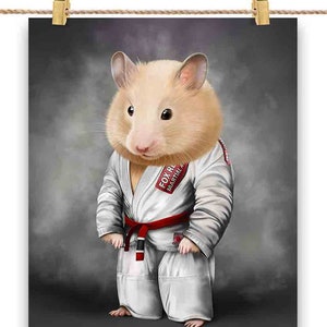 Artista marcial hamster em judogi branco: judô e caratê - impressão de pôster, arte de parede, decoração de casa e cartão postal - PrintStarTee