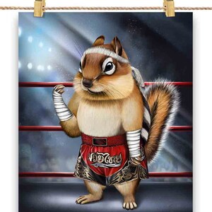 Tamia écureuil en combattant de kickboxing Muay Thai - impression d'affiche, art mural, décoration d'intérieur et carte postale - PrintStarTee